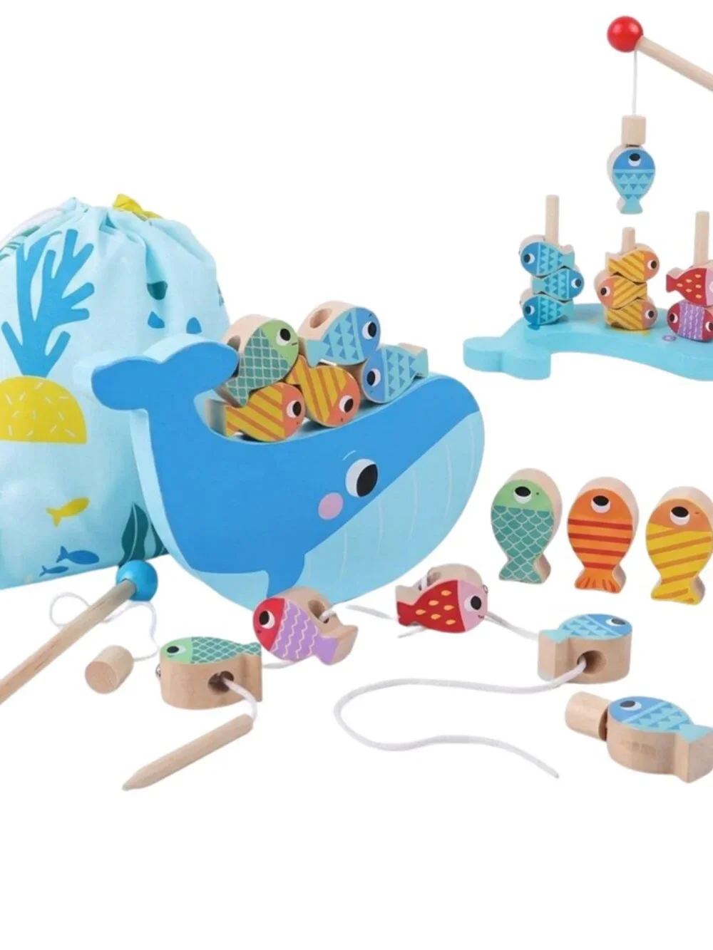 NEW Montessori Wooden Fishing Game Whale Toy Toddler Fine Motor Educational Toy